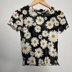 Forever 21 Y2K shirt women medium black round neck short sleeve sheer